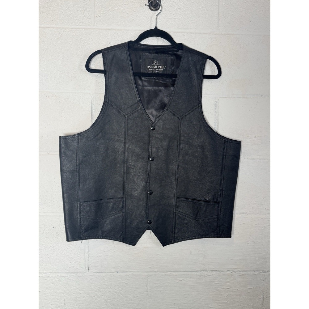 Vintage 90s Y2K Oscar‎ Piel Men's Black Leather Vest XL Biker Western Rockabilly